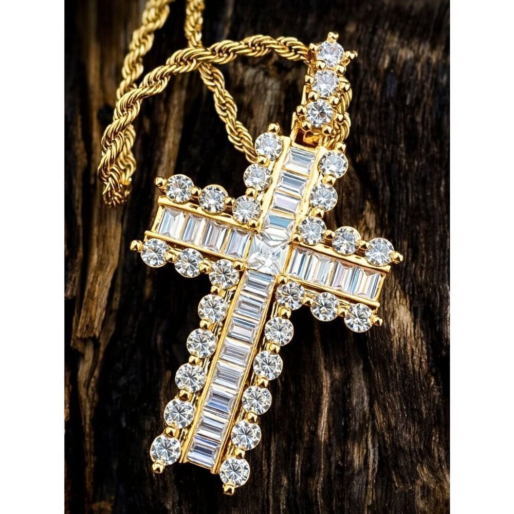 Baguette and Round Stone Cross Necklace